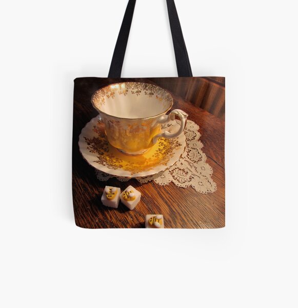 Gold Yellow White Traditional Teacup Saucer Sugar Bees Lace Photo All Over Print Tote Bag