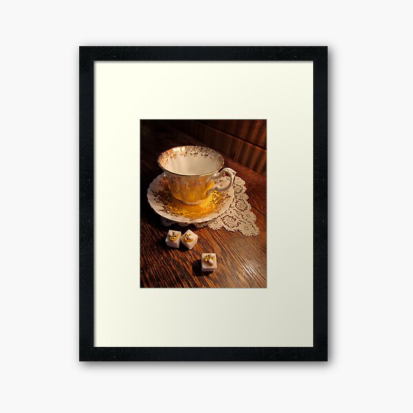 Gold Yellow White Traditional Teacup Saucer Sugar Bees Lace Photo Framed Art Print