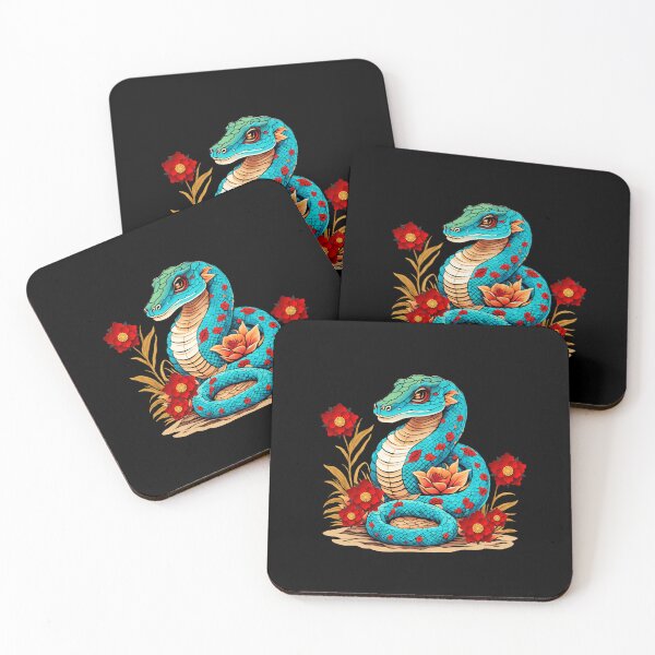 Item preview, Colorful light blue Snake with red scales with red flowers version 1-Year of the Snake 2025- Chinese Zodiac Theme-white Background designed and sold by CosmicNook1.