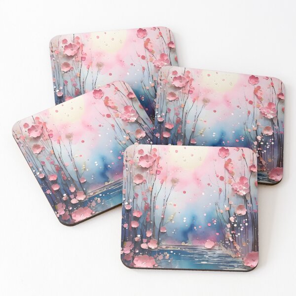 Item preview, PINK DAWN ROSEY FLOWERS BY POND STREAM ~ Inspired by Handmade Paper Mache Abstract Watercolor Art Poster Print designed and sold by Spinning Plates 360.