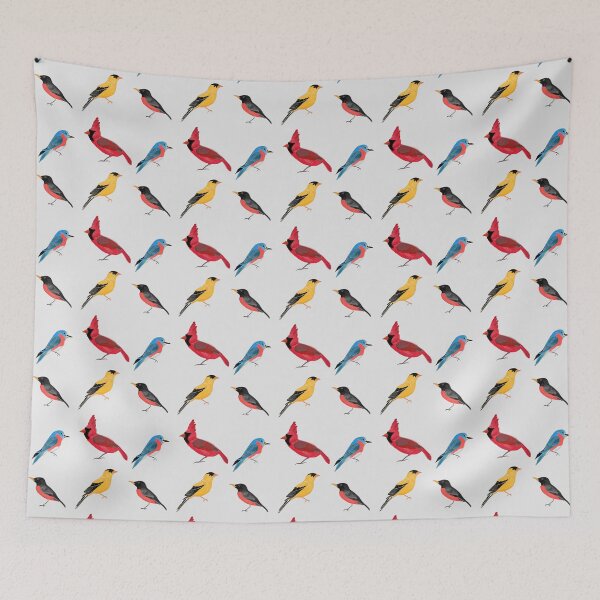 Item preview, North American Birds Pattern, Hand Sketch, Red Cardinal, Eastern Bluebird, Gold Finch, Robin, White background designed and sold by Stephanie Rowan.