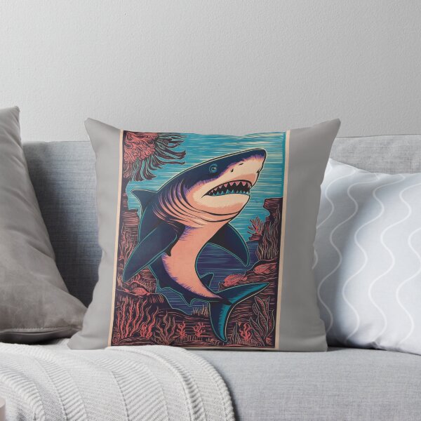 Artikelvorschau, Eine atemberaubende, vom Linolschnitt inspirierte Illustration eines Weißen Hais (*Carcharodon carcharias*) in leuchtenden Farben entworfen und verkauft von 123ks.