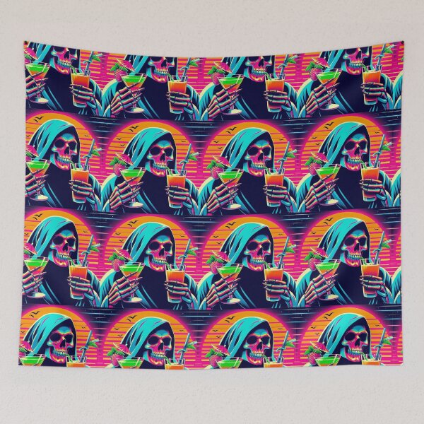 Item preview, 80’s Halloween Synthwave Grim Reaper Drinking Mocktails designed and sold by BrianSaysDesign.