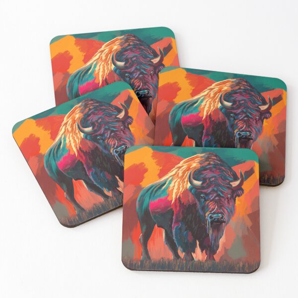 Item preview, Grand bison, buffalo standing in grass with mountains designed and sold by MarkRossArt.