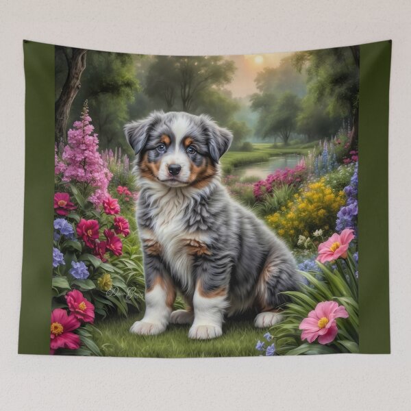 Item preview, Maude Australian Shepherd Puppy Portrait Painting designed and sold by Heart and Soul Studio.