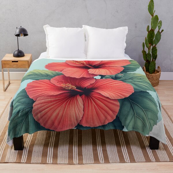 Item preview, Two blooming hibiscus flowers design against a light blue background. designed and sold by HEMRO.