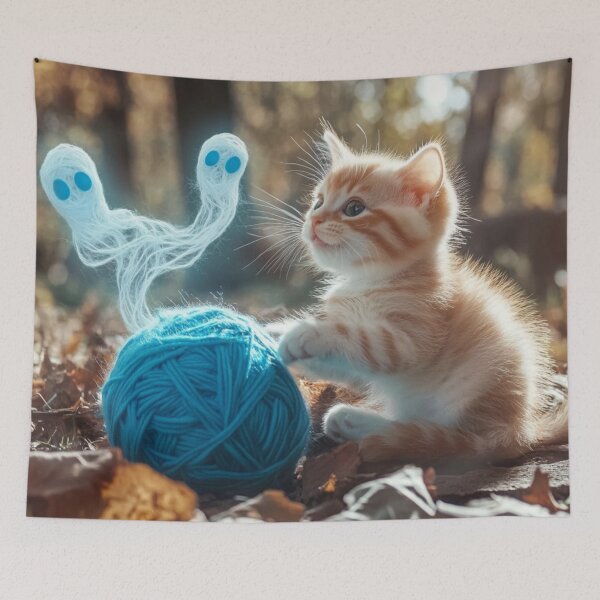 Item preview, Cute Kitten Playing with Yarn Ball and Ghosties designed and sold by noisyduck.