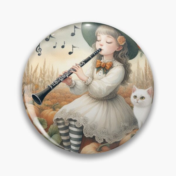 Item preview, Girl in White Dress and Hat Playing Clarinet with White Cat and Birds in Pumpkin Patch Under the Moon designed and sold by ElegantTeaTime.