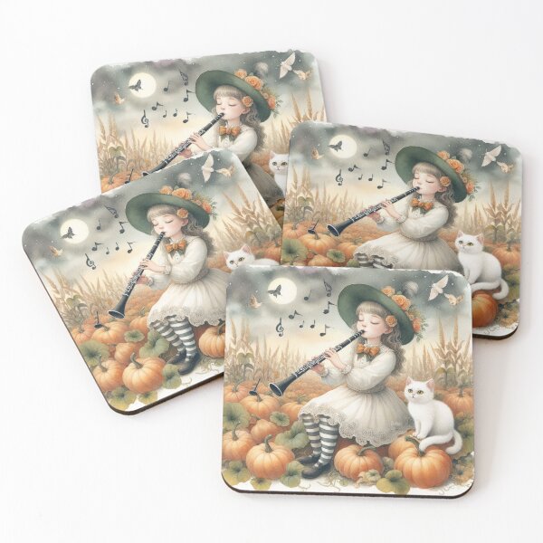 Item preview, Girl in White Dress and Hat Playing Clarinet with White Cat and Birds in Pumpkin Patch Under the Moon designed and sold by ElegantTeaTime.