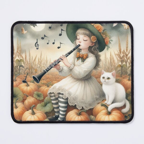 Item preview, Girl in White Dress and Hat Playing Clarinet with White Cat and Birds in Pumpkin Patch Under the Moon designed and sold by ElegantTeaTime.