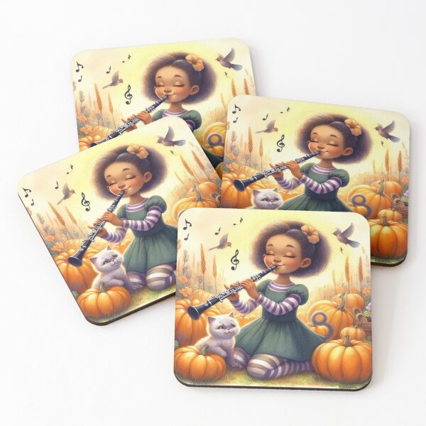 Item preview, Girl in Halloween Costume Playing Clarinet with Cat and Birds in Pumpkin Patch designed and sold by ElegantTeaTime.