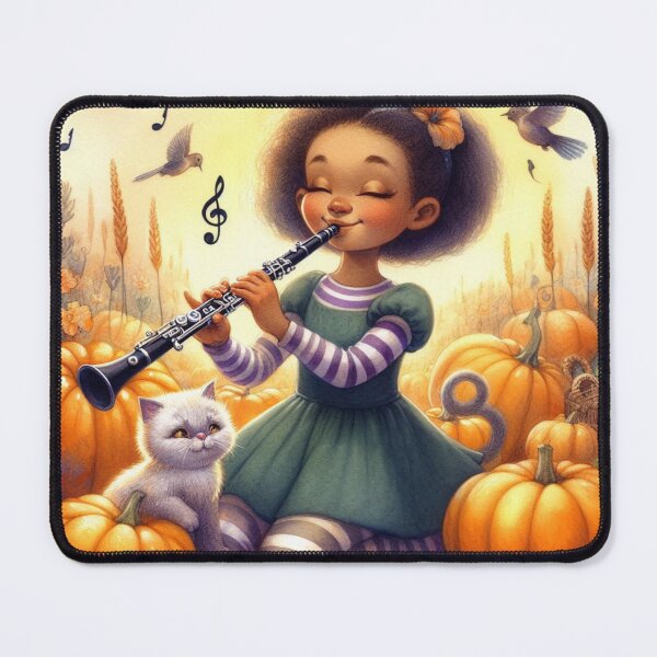 Item preview, Girl in Halloween Costume Playing Clarinet with Cat and Birds in Pumpkin Patch designed and sold by ElegantTeaTime.