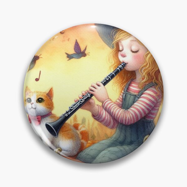 Item preview, Girl in Overalls and Black Hat Playing Clarinet with Orange Tabby Cat and Birds in Pumpkin Patch designed and sold by ElegantTeaTime.