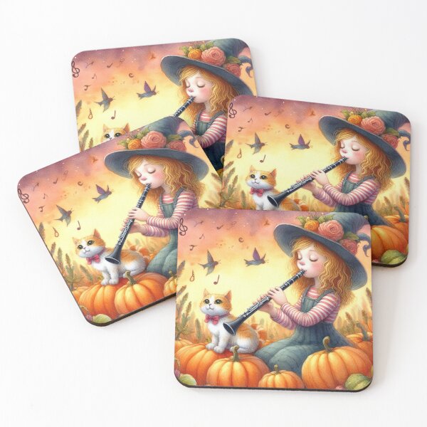Item preview, Girl in Overalls and Black Hat Playing Clarinet with Orange Tabby Cat and Birds in Pumpkin Patch designed and sold by ElegantTeaTime.