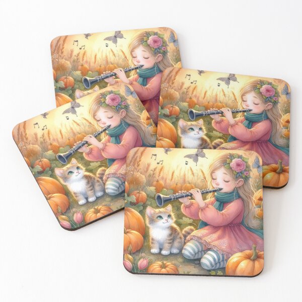 Item preview, Girl in Pink Dress and Scarf Playing Clarinet with Grey Tabby Cat and Butterflies in Pumpkin Patch designed and sold by ElegantTeaTime.
