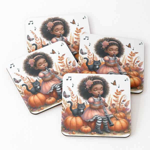Item preview, Girl with Pink Dress Playing Clarinet with Black Cat and Butterflies in Pumpkin Patch designed and sold by ElegantTeaTime.