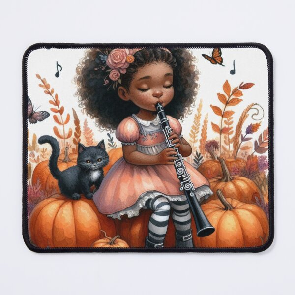 Item preview, Girl with Pink Dress Playing Clarinet with Black Cat and Butterflies in Pumpkin Patch designed and sold by ElegantTeaTime.