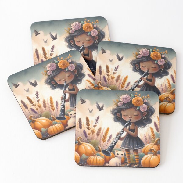 Item preview, Girl in Black Dress and Flowers Playing Clarinet with White Cat and Birds in Pumpkin Patch designed and sold by ElegantTeaTime.