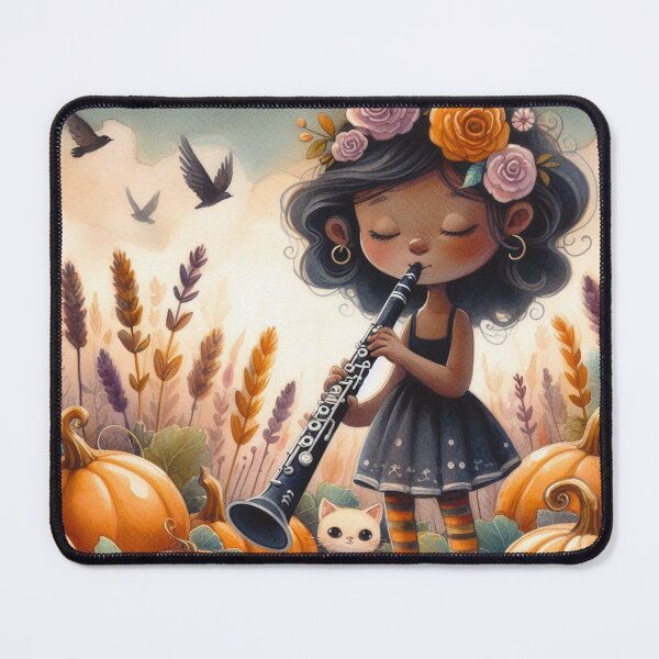 Item preview, Girl in Black Dress and Flowers Playing Clarinet with White Cat and Birds in Pumpkin Patch designed and sold by ElegantTeaTime.