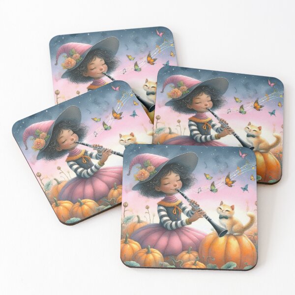 Item preview, Girl in Pink Dress and Hat Costume Playing Clarinet with Orange Tabby Cat and Butterflies in Pumpkin Patch designed and sold by ElegantTeaTime.