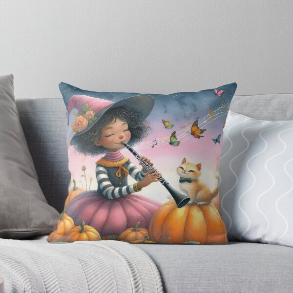 Item preview, Girl in Pink Dress and Hat Costume Playing Clarinet with Orange Tabby Cat and Butterflies in Pumpkin Patch designed and sold by ElegantTeaTime.