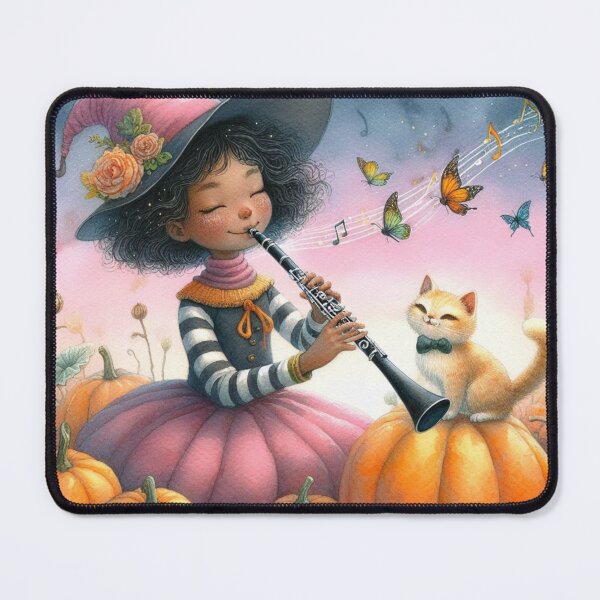 Item preview, Girl in Pink Dress and Hat Costume Playing Clarinet with Orange Tabby Cat and Butterflies in Pumpkin Patch designed and sold by ElegantTeaTime.