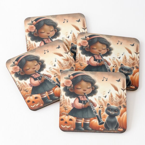 Item preview, Girl in Black Dress Playing Clarinet with Black Cat in Pumpkin Patch with Jack O Lantern designed and sold by ElegantTeaTime.