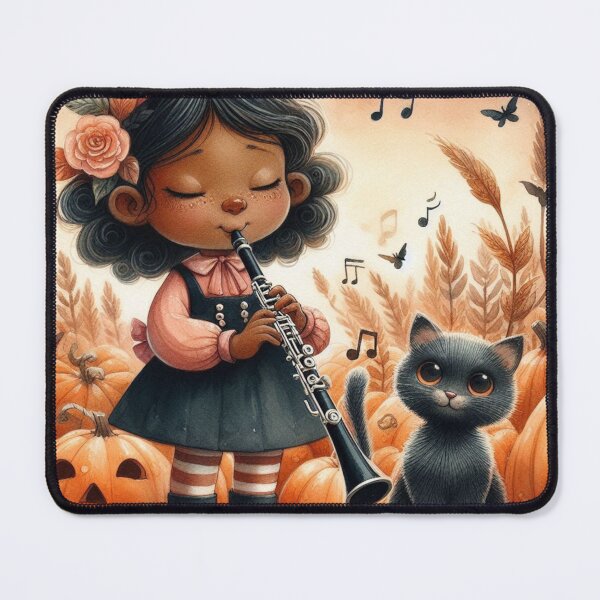 Item preview, Girl in Black Dress Playing Clarinet with Black Cat in Pumpkin Patch with Jack O Lantern designed and sold by ElegantTeaTime.
