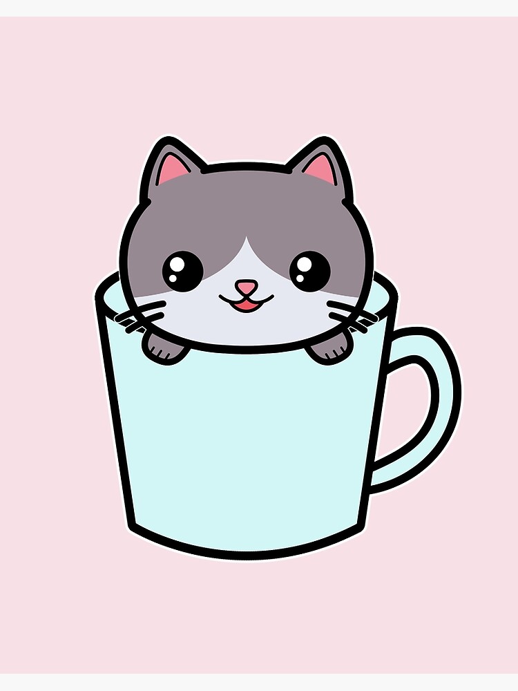 Cute Kawaii Cat In A Blue Coffee Cup