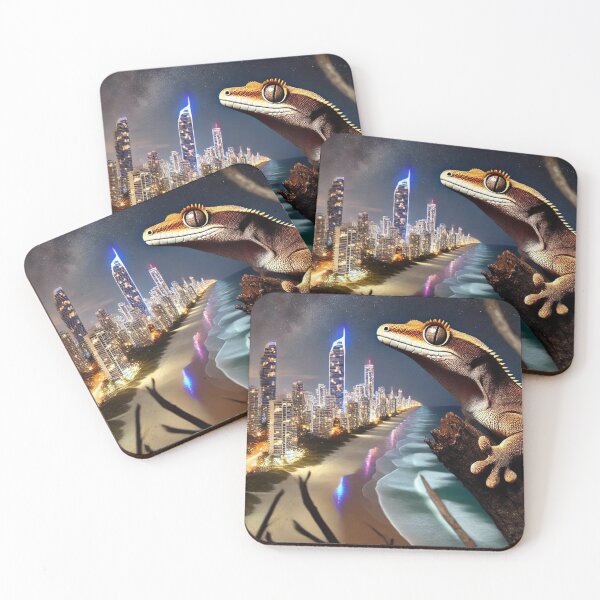 Item preview, Australian Gecko at Night Over Surfers Paradise – Wildlife & Cityscape designed and sold by NocturnalNook.