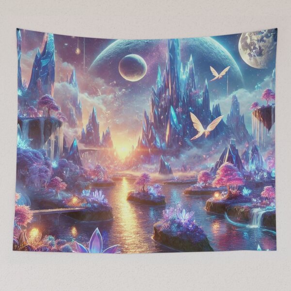 Item preview, Surreal Fantasy World with Glowing Crystal Mountains and Mystical Light designed and sold by TeslaSt0re.