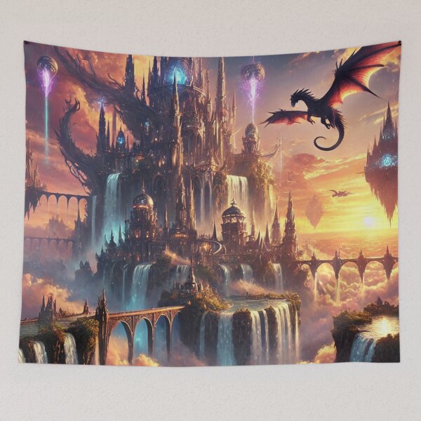Item preview, Majestic Floating Castle Surrounded by Waterfalls and Guarded by Dragons designed and sold by TeslaSt0re.
