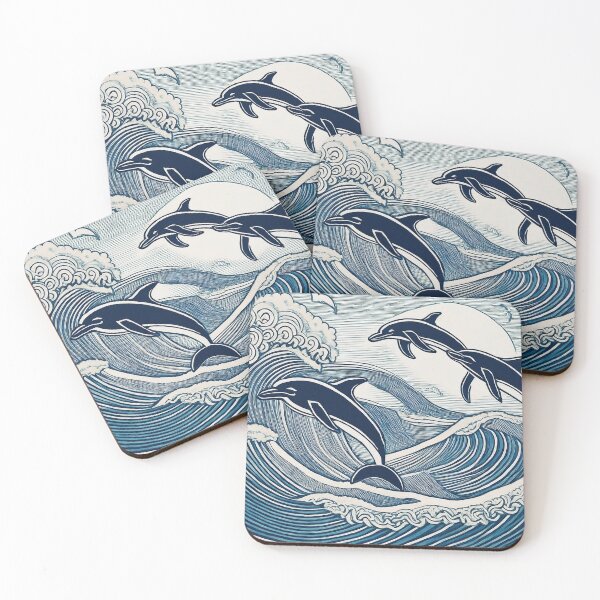 Item preview, Jumping Dolphins Linocut Style Illustration designed and sold by Adam Regester.