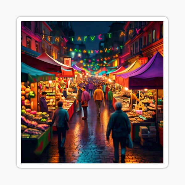 Vista previa del artículo con la obra «Vibraciones en un mercado callejero nocturno», diseñado y vendido por RadiantDesign1.