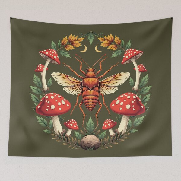 Item preview, Goblincore insect composition with red amanita mushrooms - old botanical illustration nature forest theme designed and sold by Fantasy Cache.