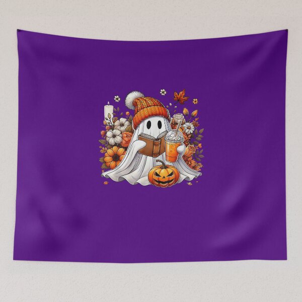 Item preview, Ghost Drinking Coffee Book Reading, Halloween Pumpkin Flower designed and sold by DesignDenDo ⭐⭐⭐⭐⭐.