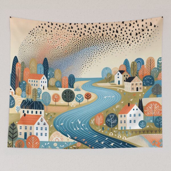 Item preview, Scandinavian Folk Art village murmuration  by heidiannemorris designed and sold by FOLK ART FUSION by heidiannemorris.