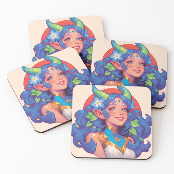 Item preview, Elegant Fantasy Girl with Blue Hair and Green Horns designed and sold by Myndari.