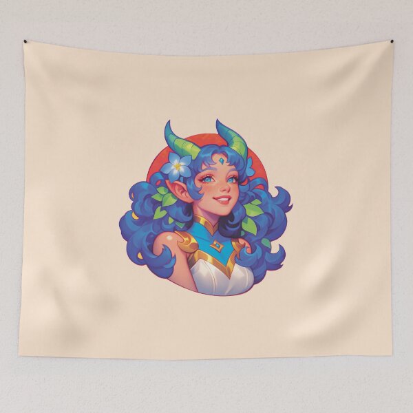 Item preview, Elegant Fantasy Girl with Blue Hair and Green Horns designed and sold by Myndari.