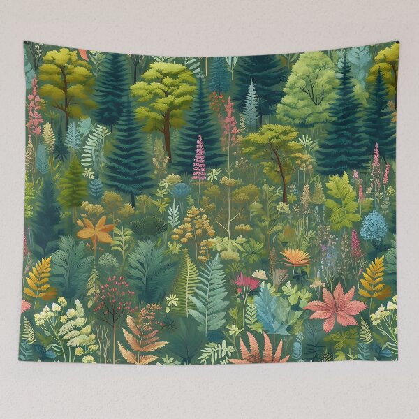 Item preview, a colorful forest with flowers and ferns designed and sold by bernhagen.