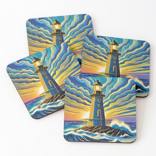 Item preview, An isolated iron lighthouse shining out to sea sunrise it sits on a marine island. designed and sold by HEMRO.
