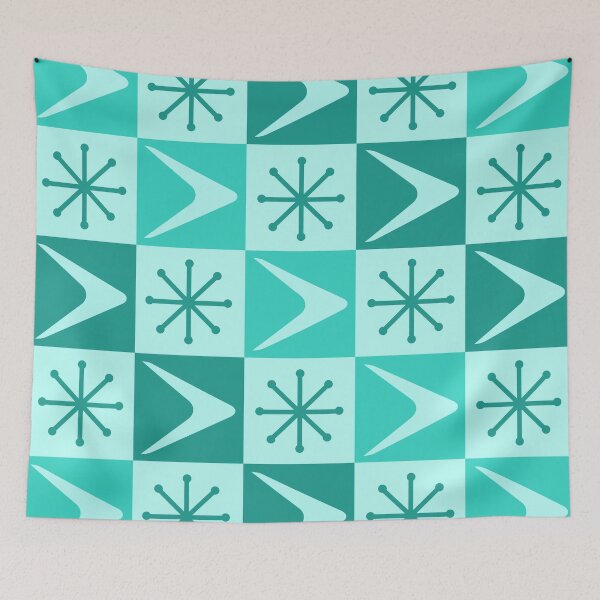 Item preview, Atomic Age Checkered Boomerangs Turquoise designed and sold by thepixelgarden.