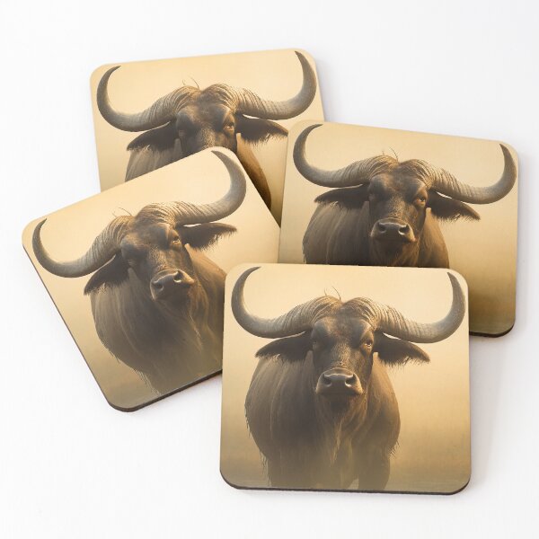 Item preview, An African buffalo standing in foggy sunrise - Wildlife photo designed and sold by TheArtistOf2022.
