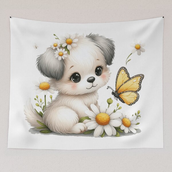 Item preview, Puppy Amidst Daisies with Butterfly. designed and sold by Daofa.
