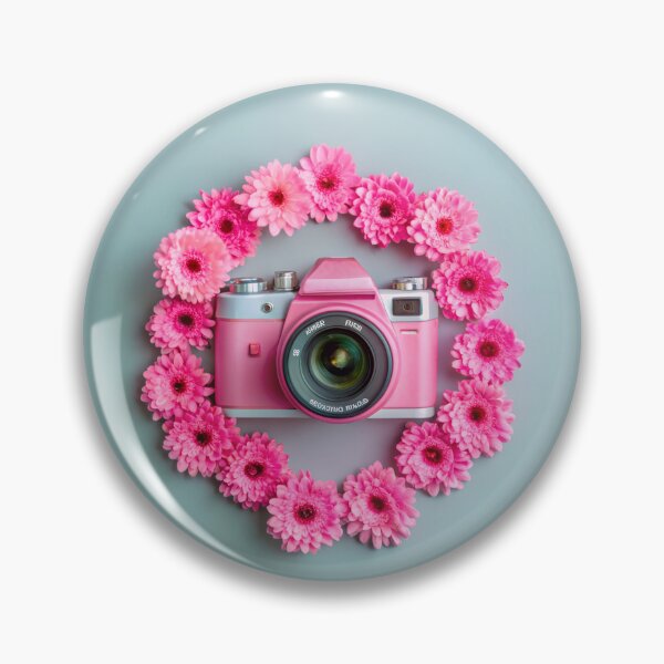 Item preview, Pink camera with flowers on a blue background, print minimalism designed and sold by Yunasak.