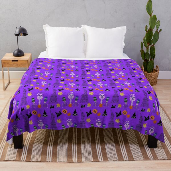 Item preview, Frightfully Free & Fabulous! The Halloween Inspiration with Statue of Liberty, Pumpkins, Bats, Maple Leaves and Skeletons on Violet Background designed and sold by IraNiva.
