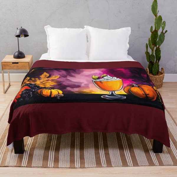 Item preview, Creamy Dessert Glass Surrounded by Pumpkins Grapes and Autumn Leaves Against Dramatic Colorful Background designed and sold by OlfactoART Studio.