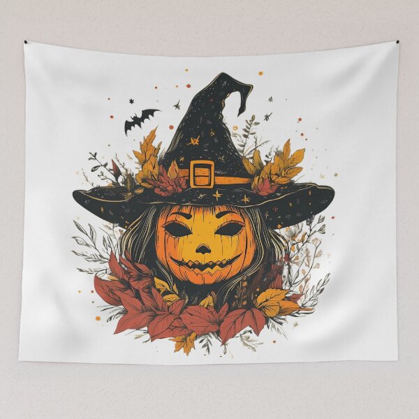 Item preview, Enchanting Pumpkin Witch with Autumn Leaves and Mystical Halloween Magic, Smiling Jack-o'-Lantern, spooky season  designed and sold by katerynaS99.