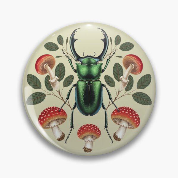 Item preview, Stag beetle "Lucanus cervus" and red mushrooms botanical illustration forest core nature insect goblincore designed and sold by Fantasy Cache.