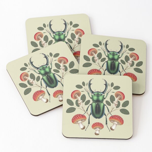 Item preview, Stag beetle "Lucanus cervus" and red mushrooms botanical illustration forest core nature insect goblincore designed and sold by Fantasy Cache.